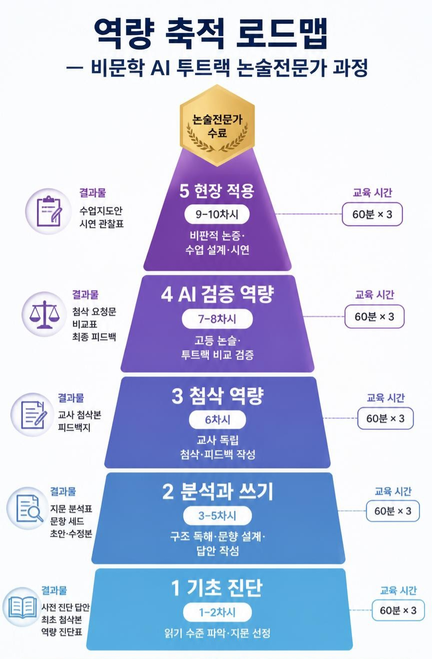 비문학 AI 투트랙 논술전문가 과정 역량 축적 로드맵: 기초 진단, 분석과 쓰기, 첨삭 역량, AI 검증 역량, 현장 적용