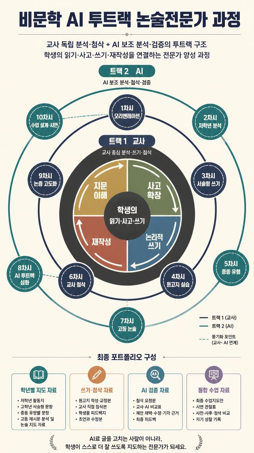 비문학 AI 투트랙 논술전문가 과정: 교사와 AI의 투트랙 구조, 10차시 교육과정 및 최종 포트폴리오 구성